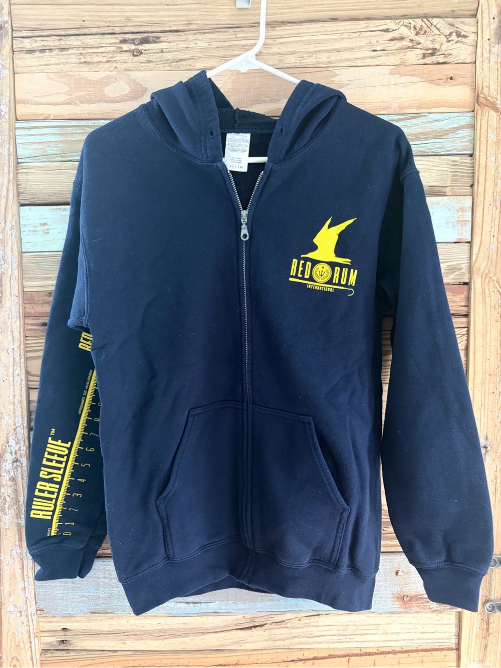 Red Rum International Fishing Hoodie S Navy Ruler Sleeve Full Zip Graphic